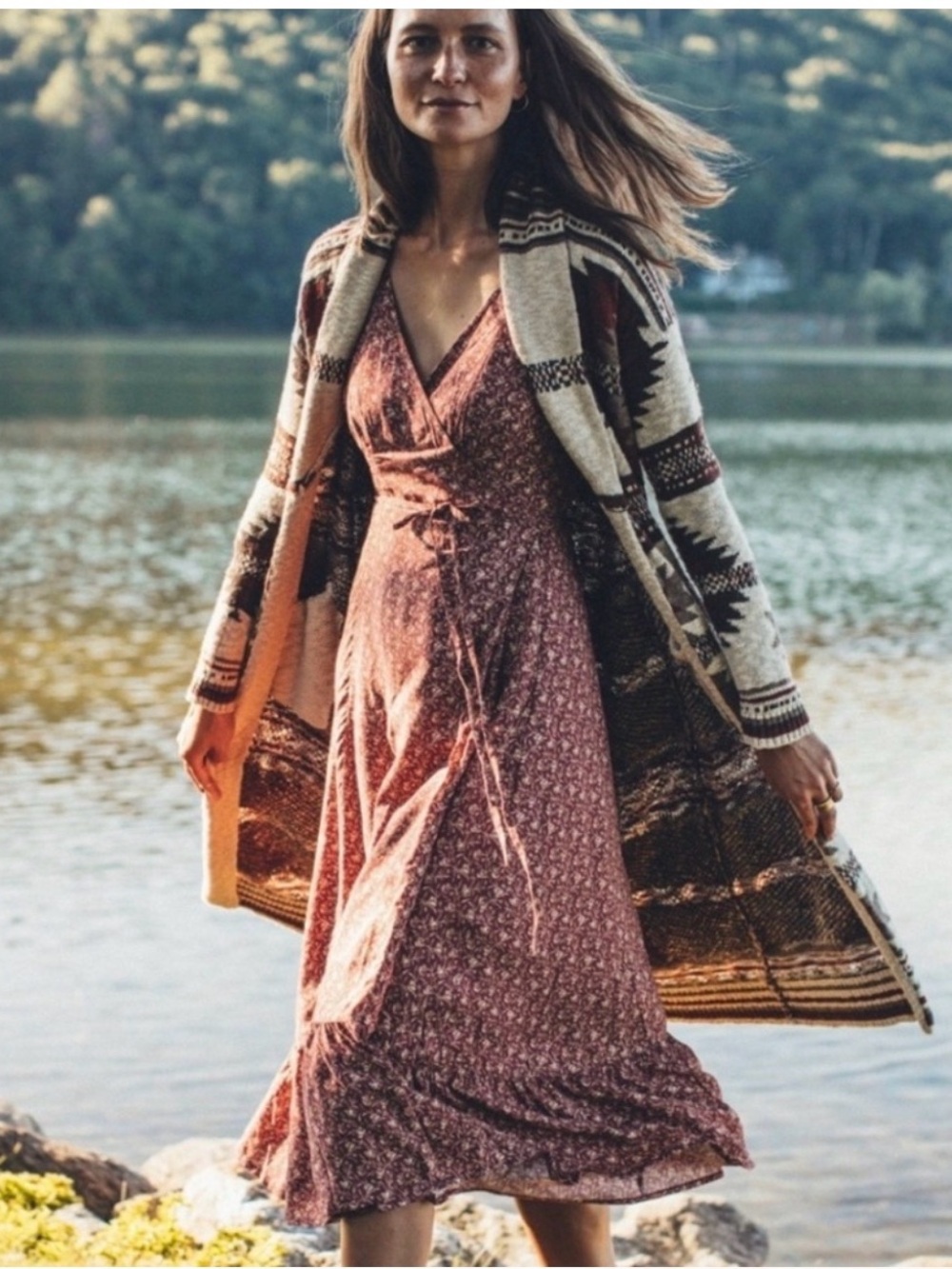 Faherty Rosabelle Floral Wrap Midi Dress in Dusty Rose